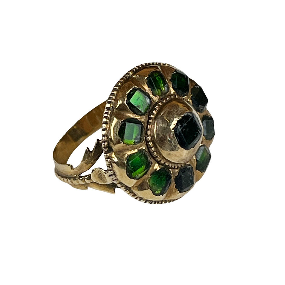 Thumbnail: Emerald Color Green Stones on Gold Band Ring Size 5