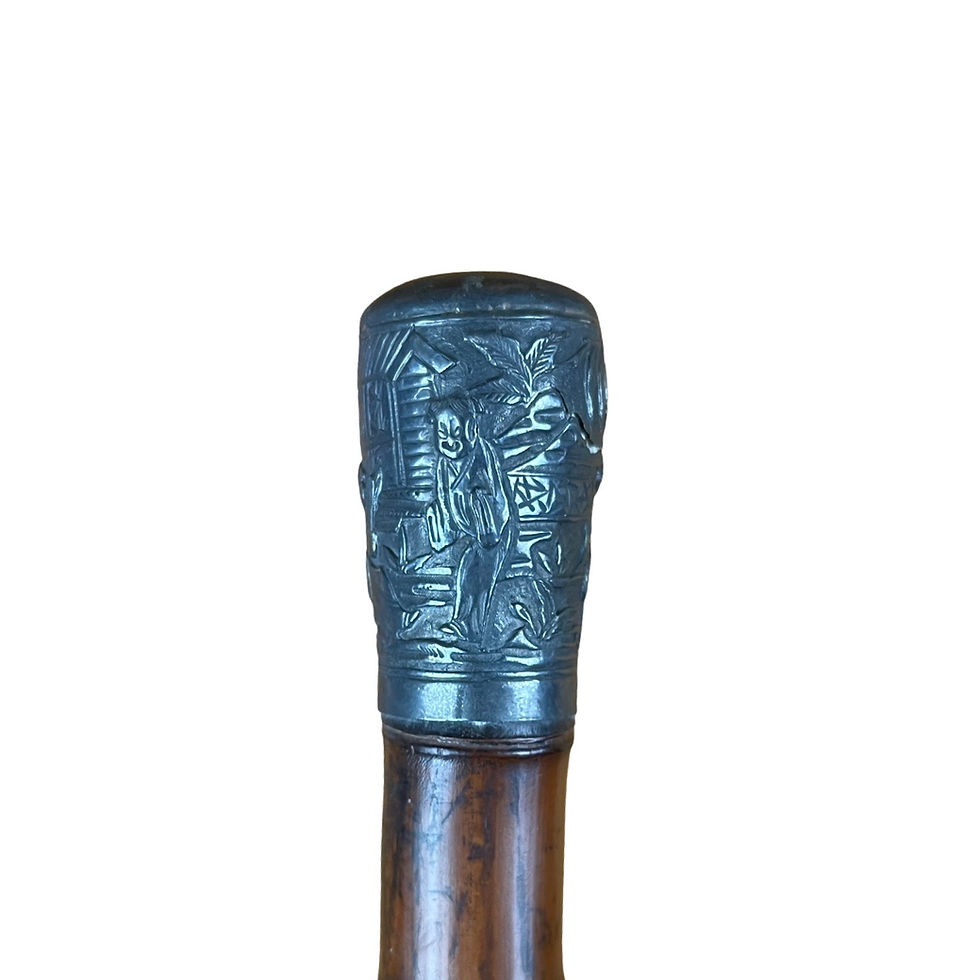 Thumbnail: Antique Chinese Bamboo Repoussé Silver Capped Walking Stick, 3’ Tall