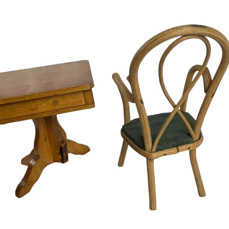 Thumbnail: Antique Dollhouse Furniture / German Knitting Table (Broken) with Chair (1900s)