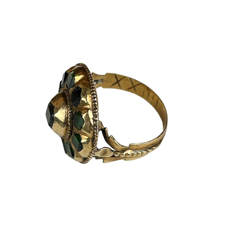 Thumbnail: Emerald Color Green Stones on Gold Band Ring Size 5