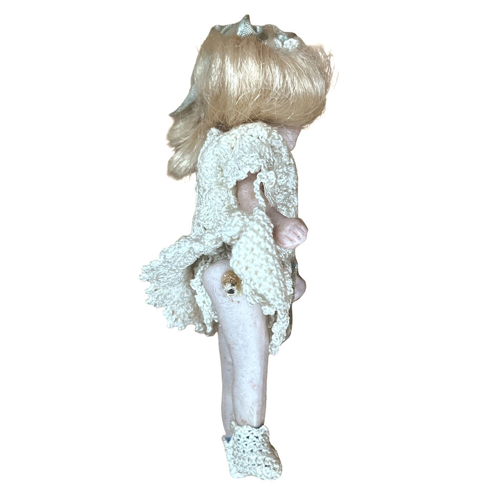 Thumbnail: Miniature Antique Blonde Bisque Doll, Jointed, 2.75” Tall