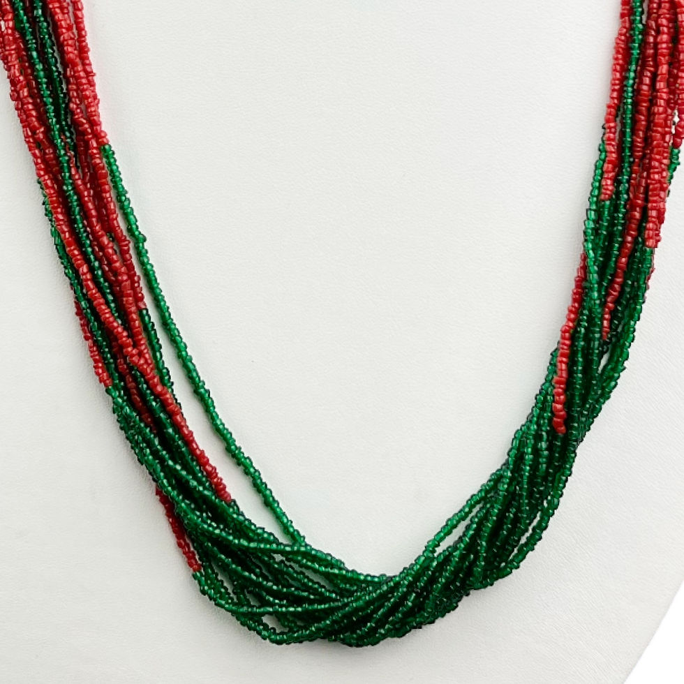 Thumbnail: Red and Green Glass Seed Bead Necklace with Silver Clasp 28.5”