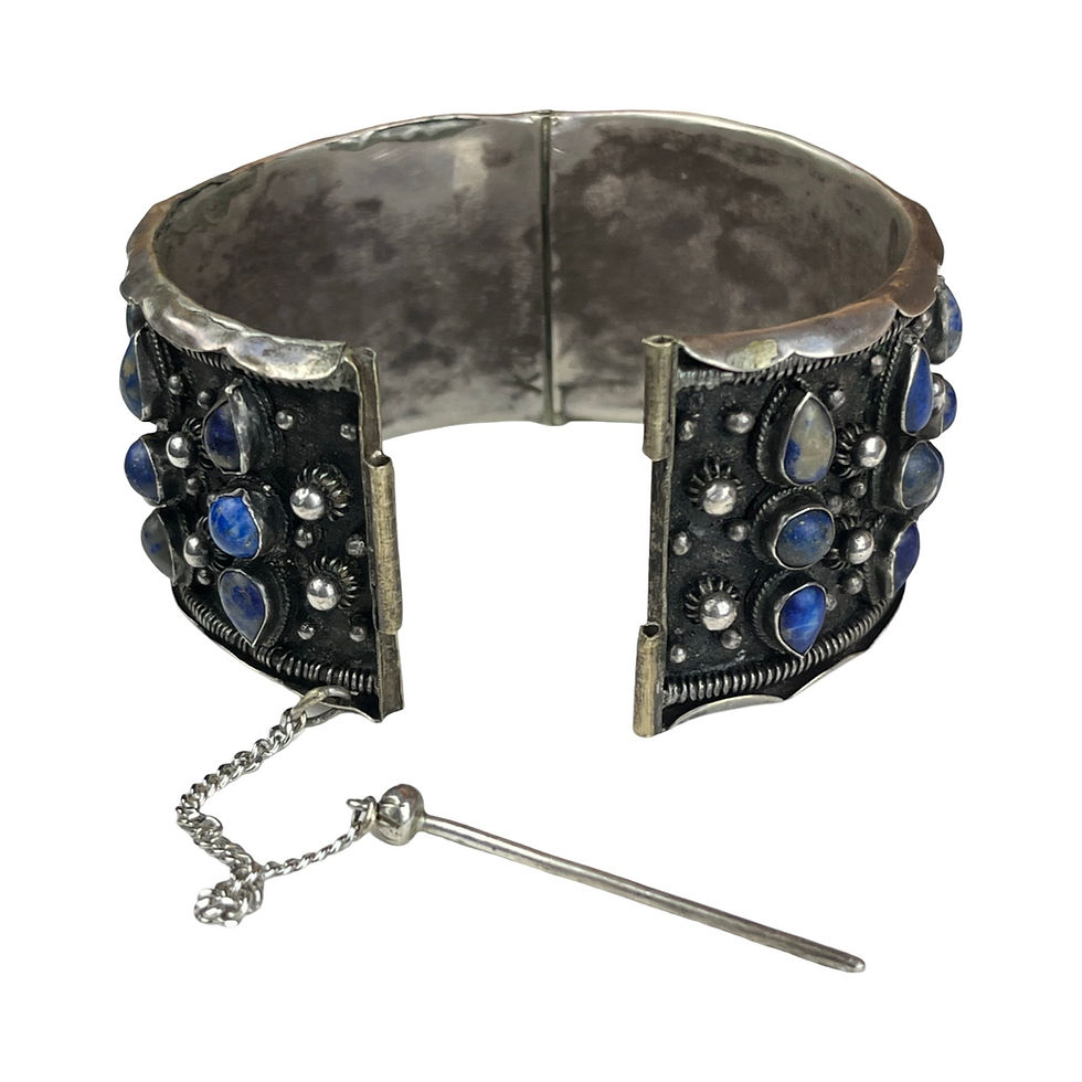 Thumbnail: Vintage Chinese Export Silver Cuff Bracelet with Imitation Lapis Lazuli 7"
