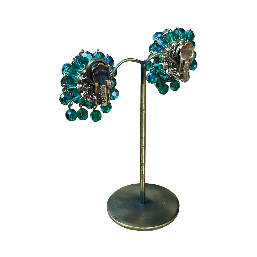 Thumbnail: Vintage Vogue Aurora Borealis Green Glass Cluster Clip On Earrings