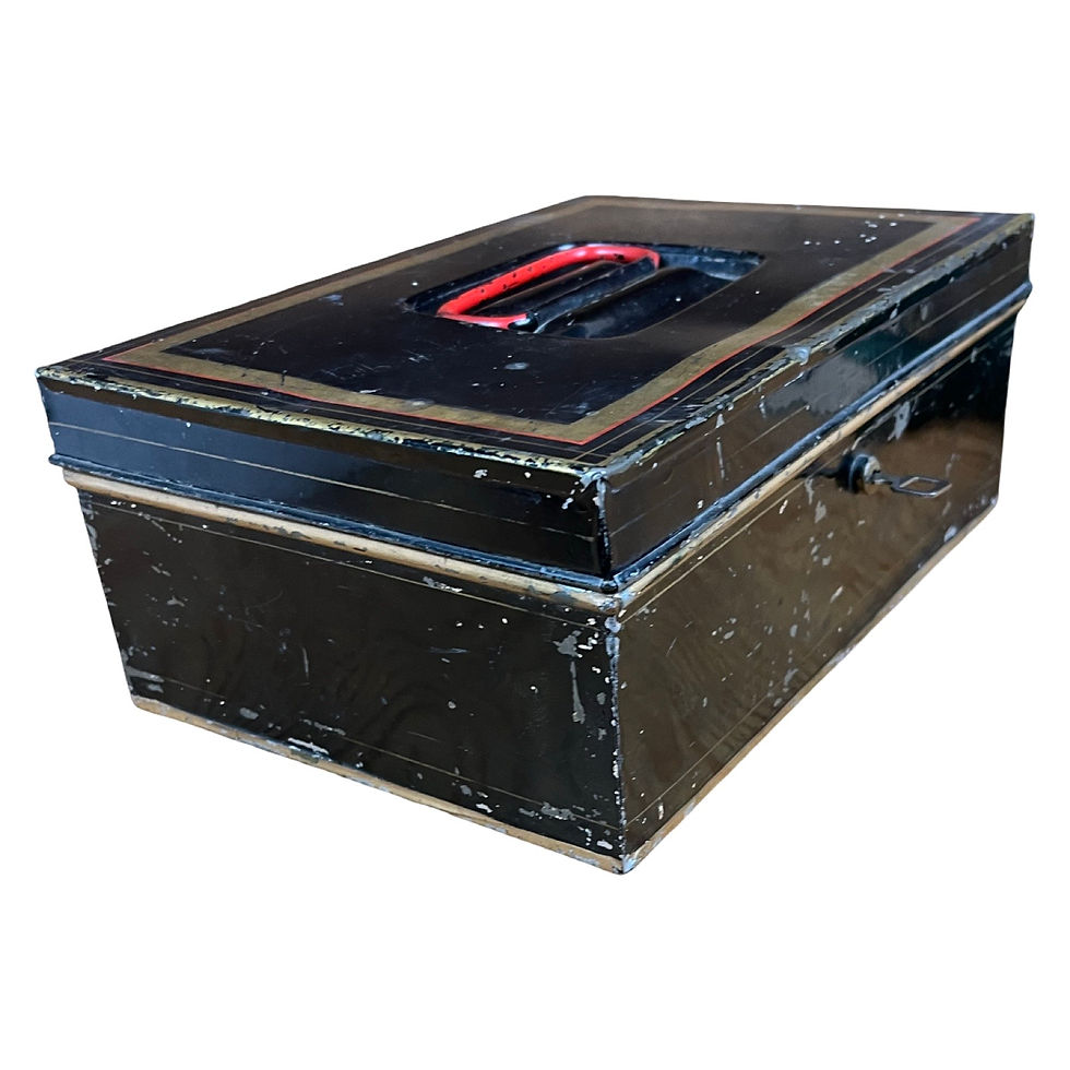 Thumbnail: Vintage Metal Lock Box / Cash Box, Gold Tole, Red Handle (Well-Loved)