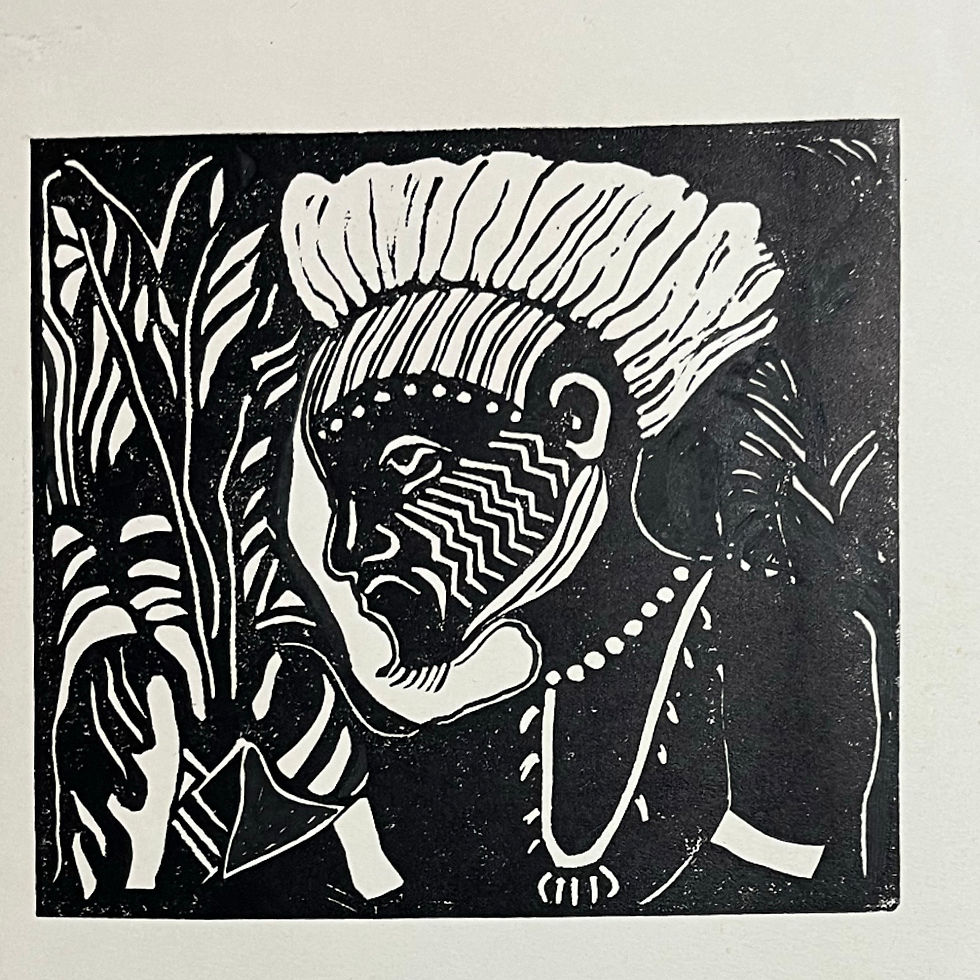Thumbnail: Alice Burr (1883-1968): Linocut – Witch Doctor, Lake Victoria (Unsigned) 1930s