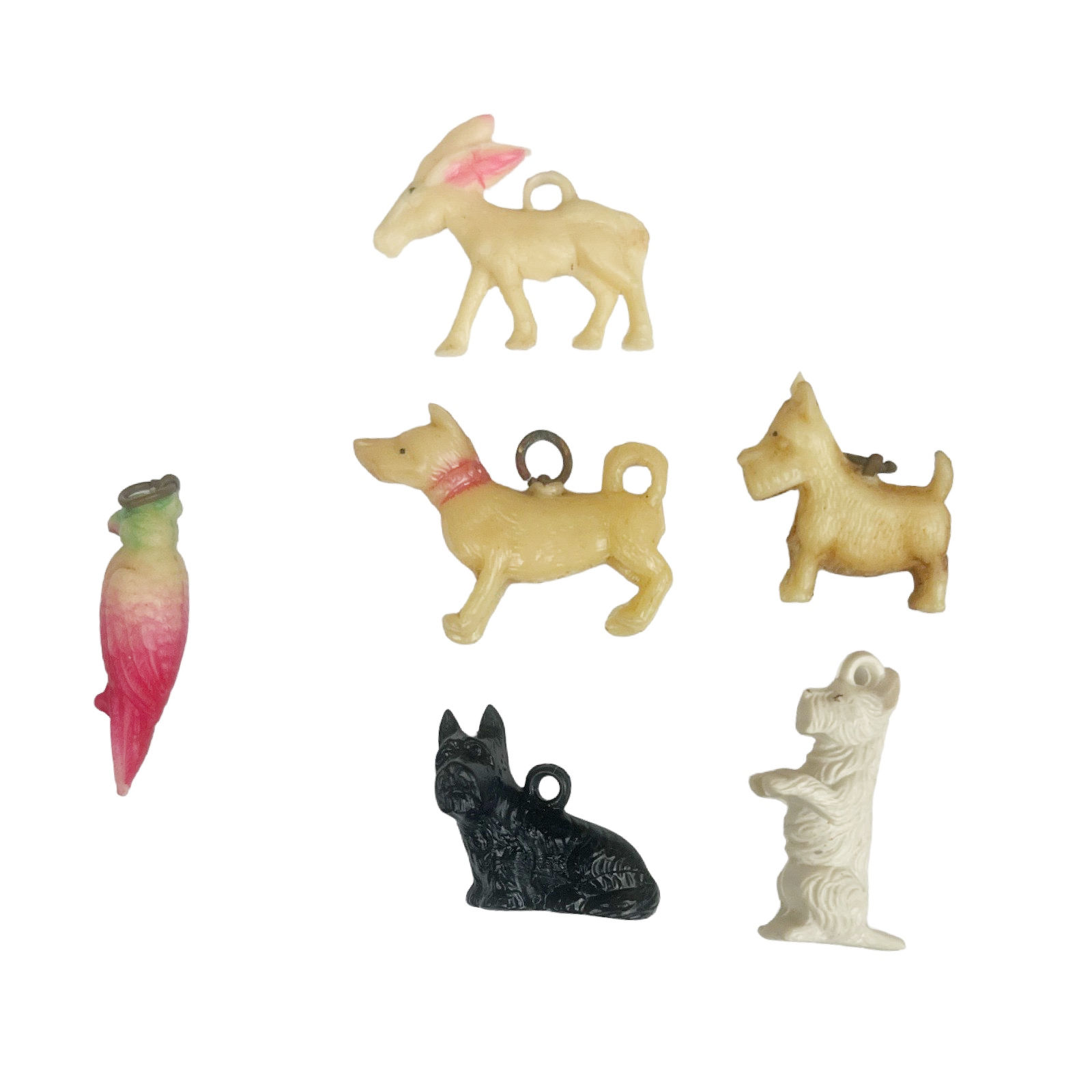 Vintage Collectible Celluloid Charms: Donkey, Dogs, and Parrot (Set of 5)