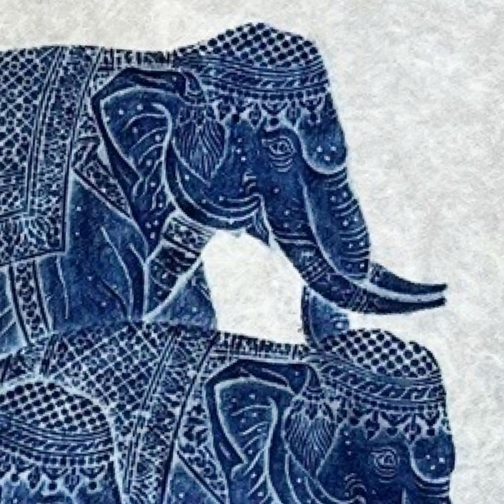 Thumbnail: Vintage Thai Temple Rubbing on Saa Paper (Large): 7 Blue Elephants (23.5” x 37”)