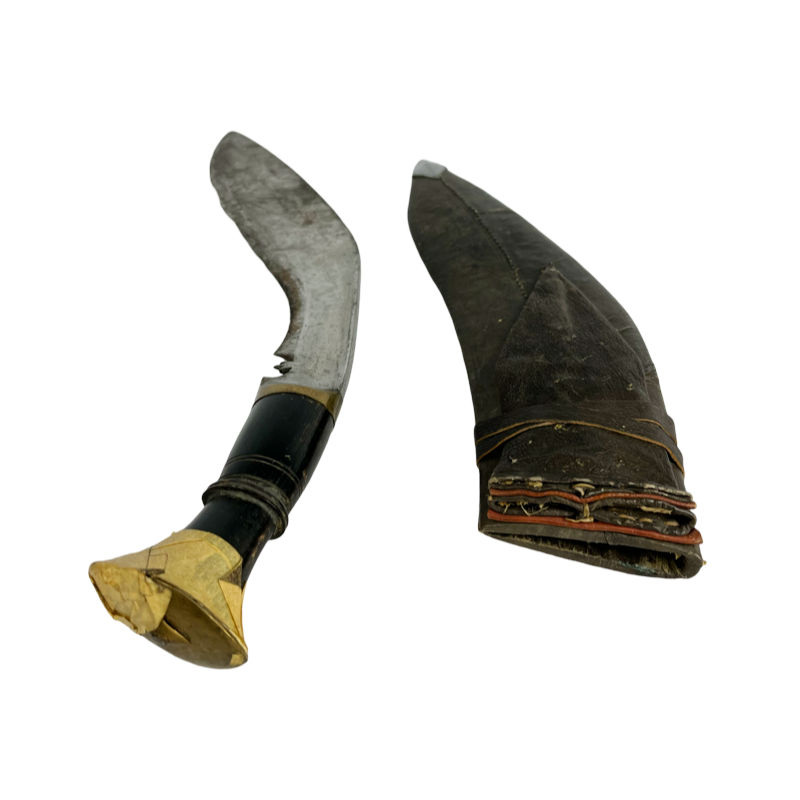 Thumbnail: Large Kukri Knife with Leather Scabbard and Hardwood and Brass Hilt (Damaged)