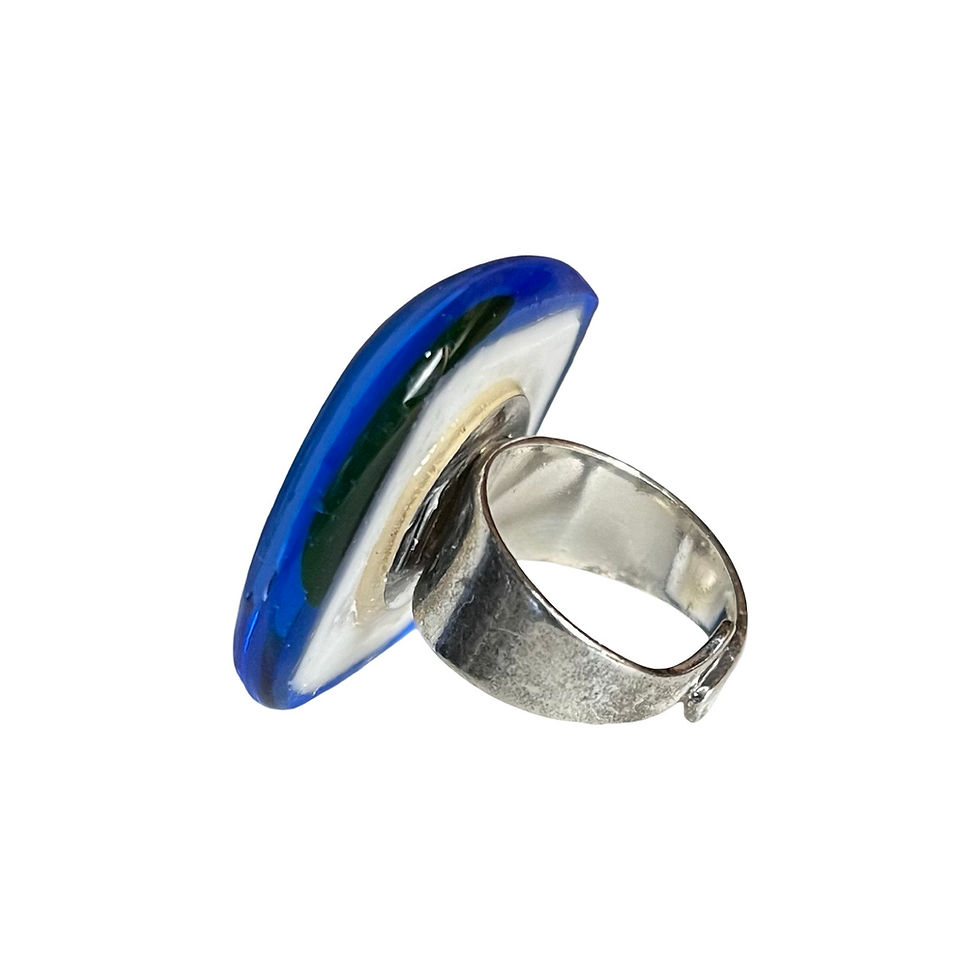 Thumbnail: White, Sky Blue, Dark Lime Green Fused Glass MCM Ring, 6.5 Adjustable