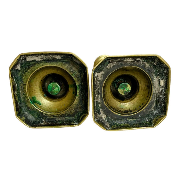 Thumbnail: 10 5/8” Well-Loved Old Brass Candlesticks (1800s)