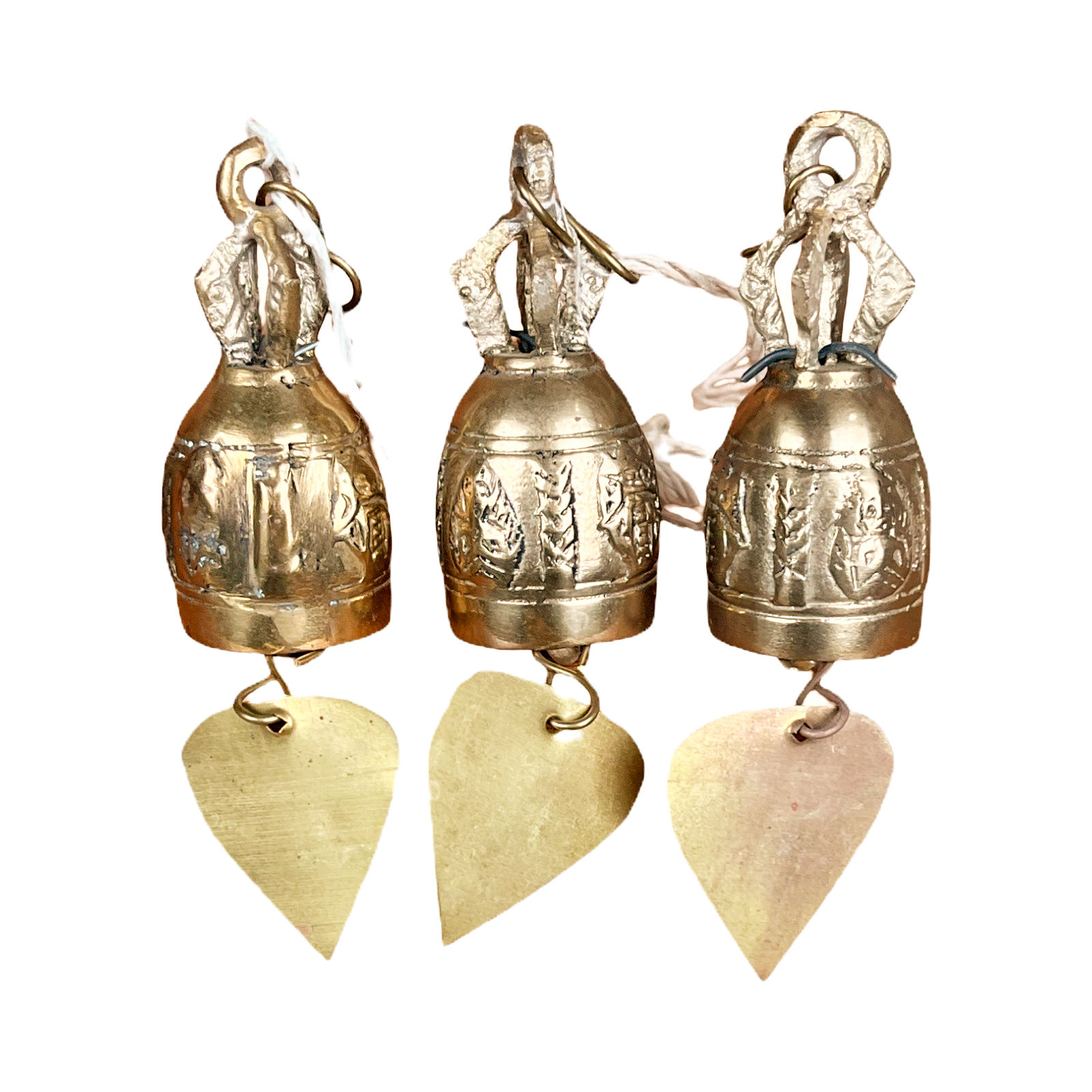 Vintage Small Thai Brass Bells with Bodhi Leaves (Set of 3)