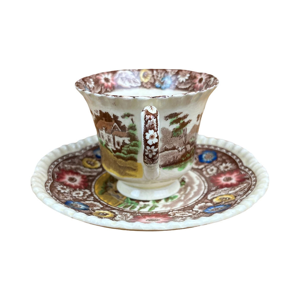 Thumbnail: Royal Cauldon ‘Native’ Brown Multicolor Cup and Saucer (Set of 4)