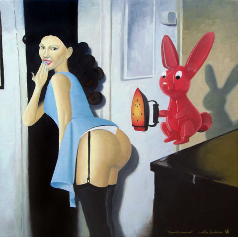 oil painting image showing a surreal story with a beautiful girl and a metallic bunny with an iron, done by artist Alex Sandulescu, most beautiful oil painting ever
