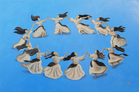 a beautiful painting with a blue background and several women in white dresses dancing in a circle
