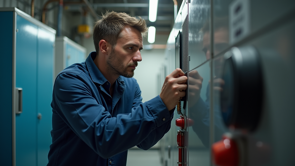 Eye-level view of a technician inspecting a heating system