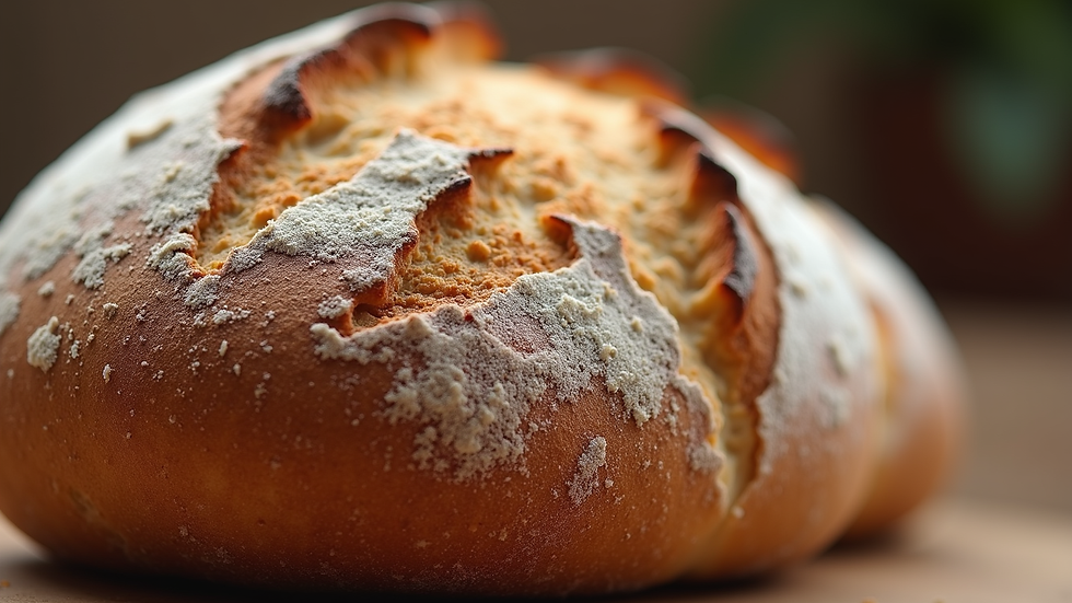 Close-up view of a freshly baked sourdough loaf with a golden crust