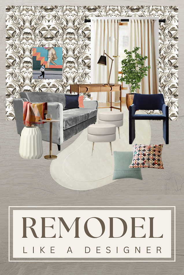 Interior design mood board with gray sofa, navy chair, lamps, plants, pillows, wallpaper, and the text REMODEL LIKE A DESIGNER