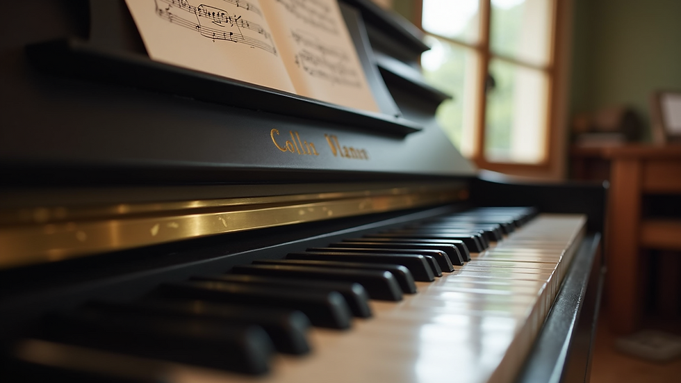 Close-up view of piano keys with sheet music on a stand