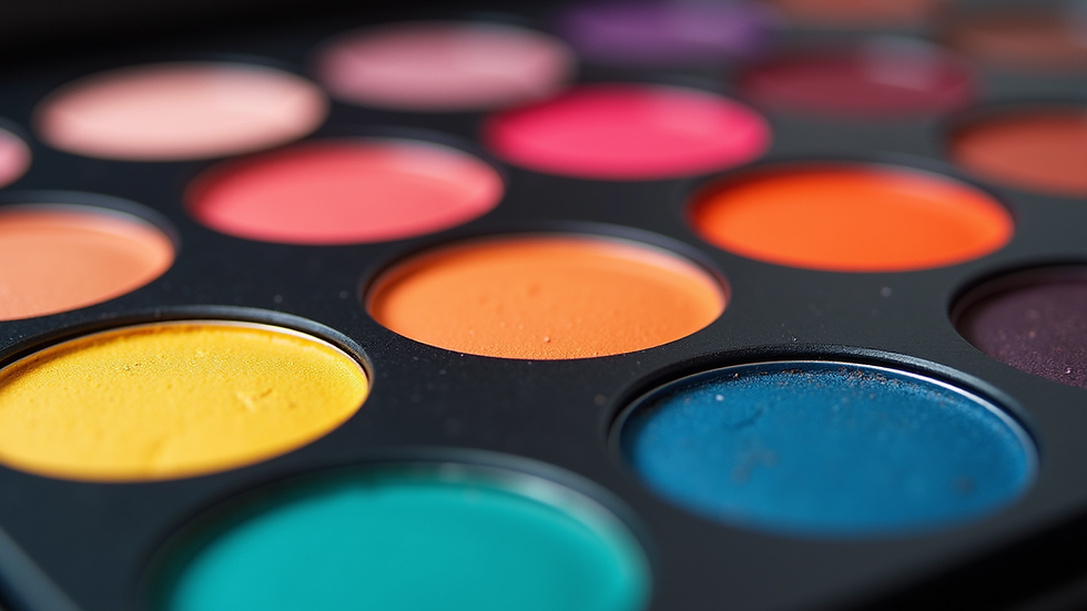 Close-up view of colorful makeup palette with vibrant eyeshadows
