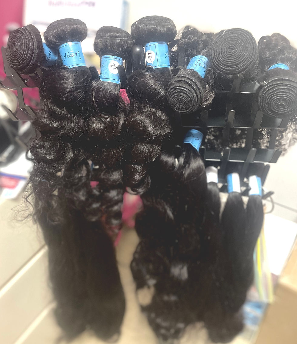 Eye-level view of a hair extension sample kit with various shades
