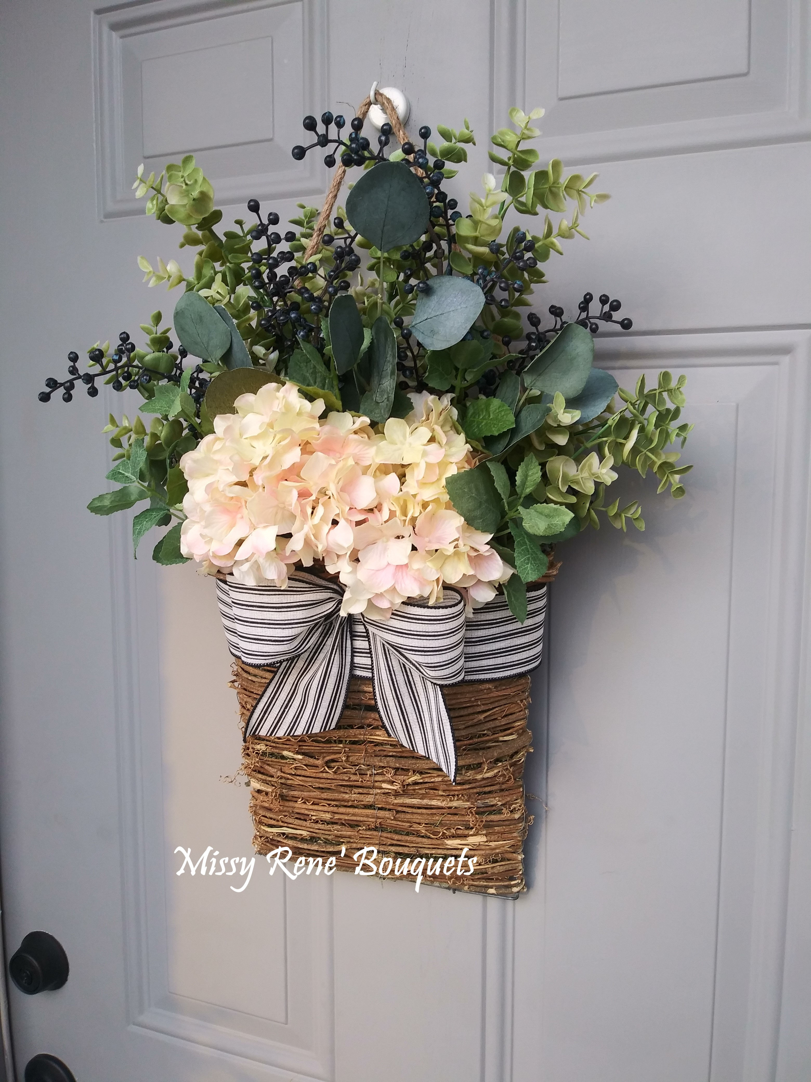 Soft Blush Hydrangea Flower Basket, Front Door Decor, Summer Basket Hanger