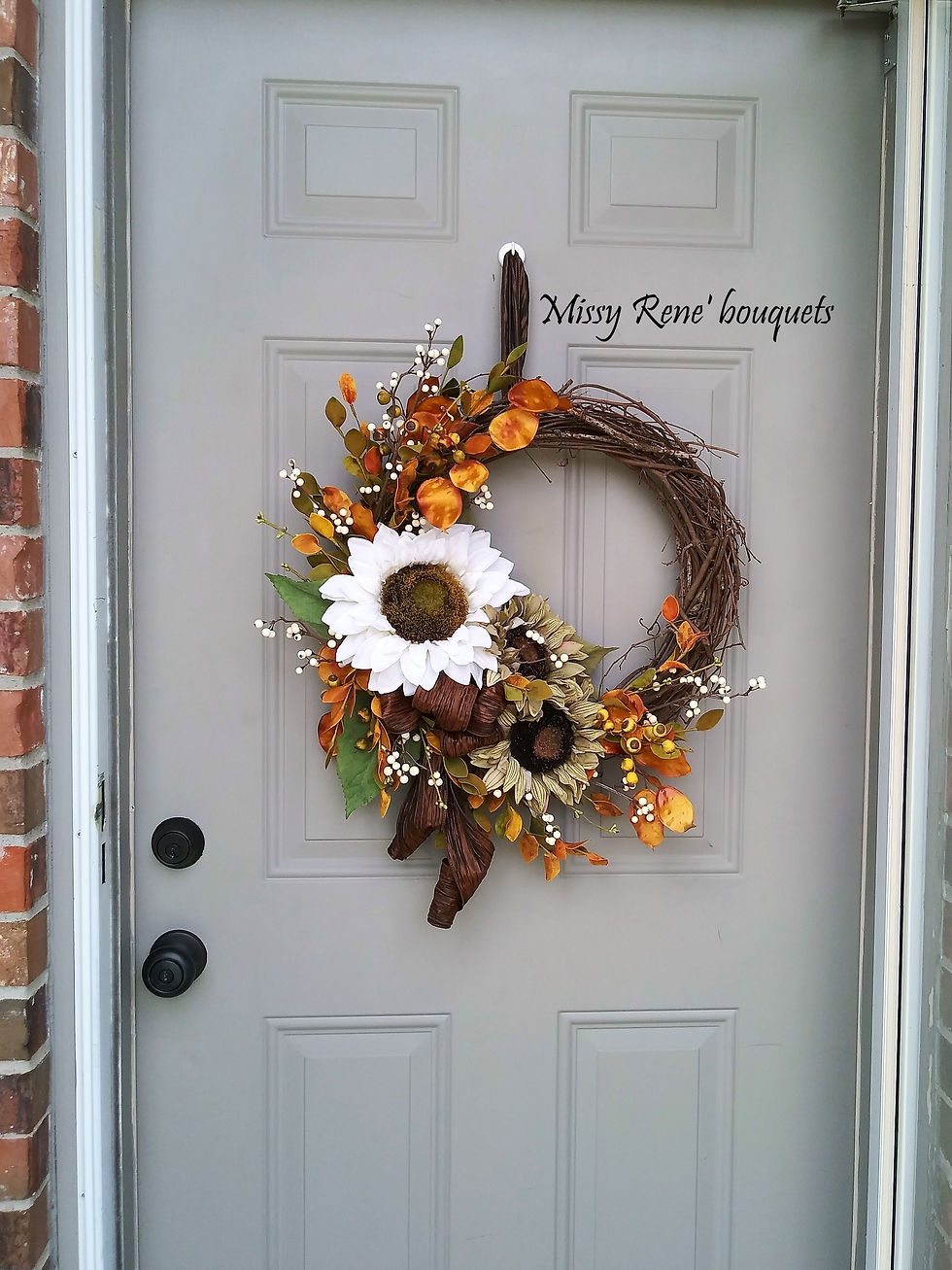 Thumbnail: Sunflower Wreath  Cream White Velvet & Green Sunflowers  Grapevine Fall Wreath