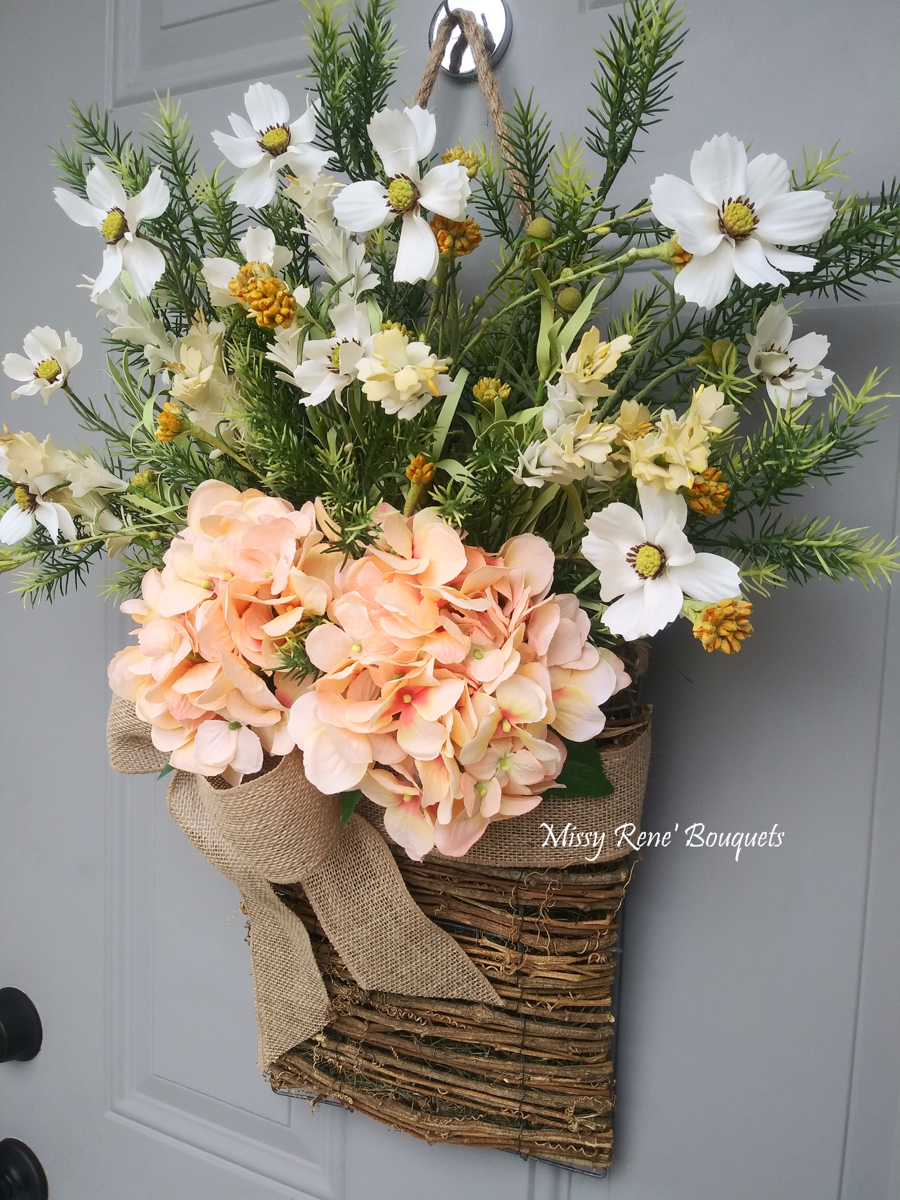 Basket Wreath for Front Door, Peach Hydrangea Flower Basket, Summer Wreath, Spri