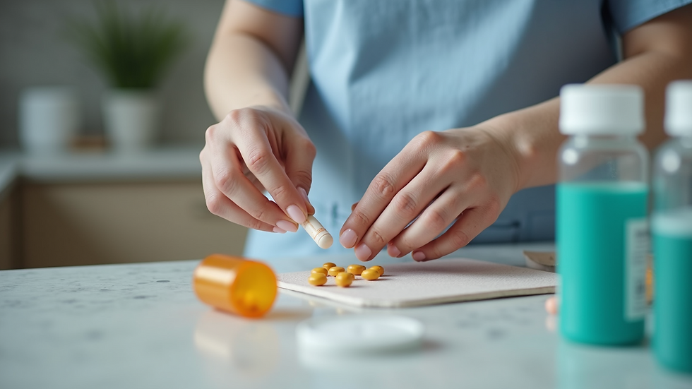 Close-up view of a caregiver organizing medications on a kitchen counter