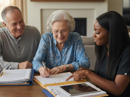 elderly woman sitting with caregiver signing paperwork