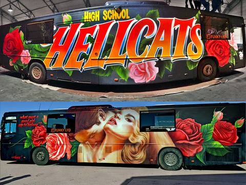 russebuss design, hellcats russebuss, graffiti russebuss, sensuell russebuss, street art, russebuss roser, graffiti, 369 Creative Studio, kreativ russebuss utsmykning, high school tema russebuss, bergen graffiti, gatekunst