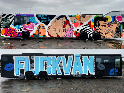 Flickvän russebuss pop art russebuss kjærlighetstema russebuss svensk tema russebuss
kyssetema buss graffiti russebuss fargerik russebuss 369 Creative Studio
kyss og kjærlighet graffiti feminin russebuss