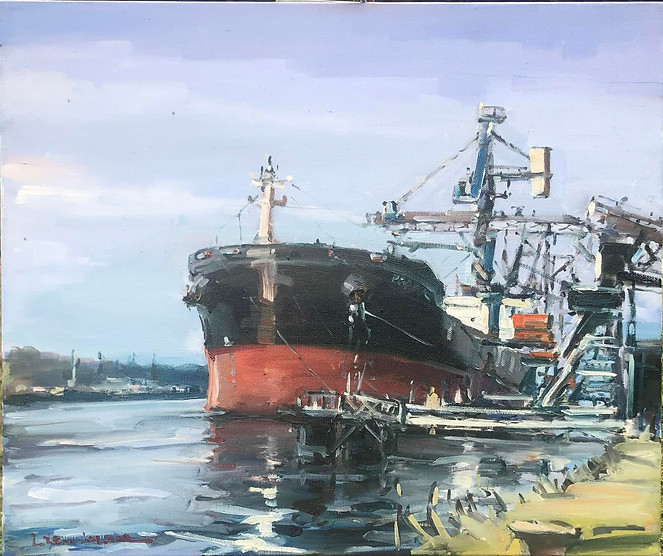 HUILE SUR TOILE ARTISTE BATEAU CARGOT ROUEN LE HAVRE SEINE