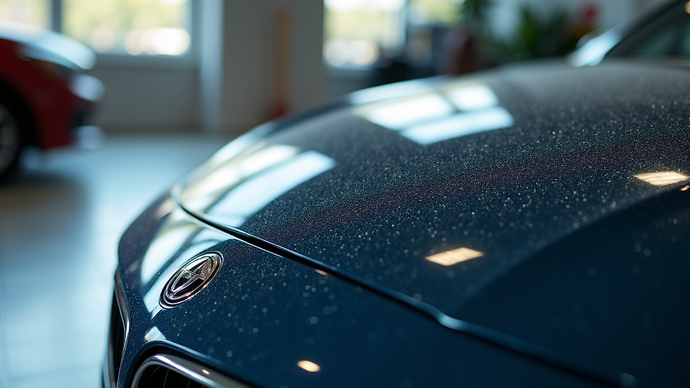 Close-up view of a shiny car hood after professional detailing