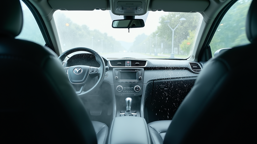 Eye-level view of a car interior being steam cleaned