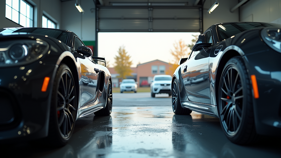 Eye-level view of a local car detailing shop exterior