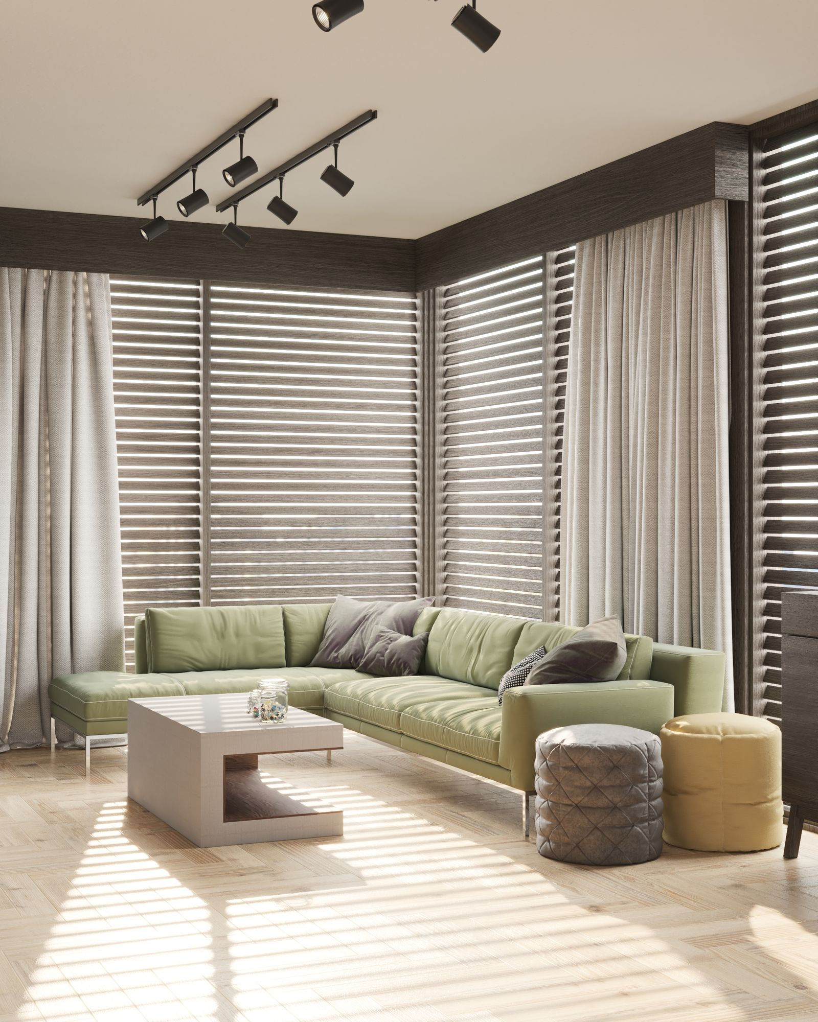 Basswood timber venetian blinds in a bright living room