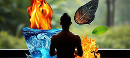 The Four Elements (fire, air, water, earth) around someone meditating.jpg