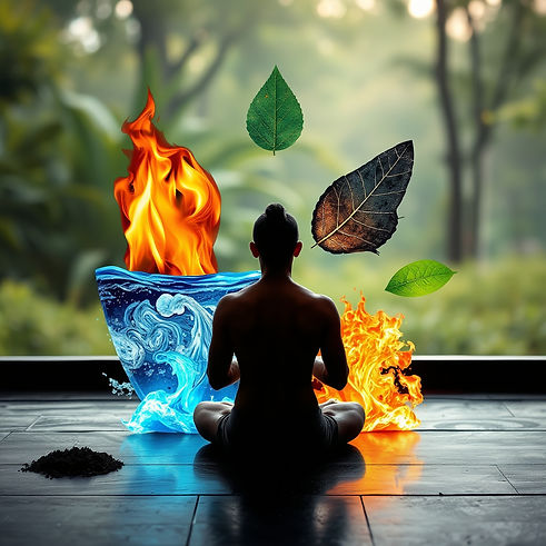The Four Elements (fire, air, water, earth) around someone meditating.jpg