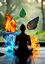 The Four Elements (fire, air, water, earth) around someone meditating.jpg