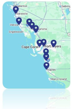 Map of Southwest Florida highlighting MET Florida service areas including Lee, Collier, Hendry, Charlotte, and Sarasota counties.