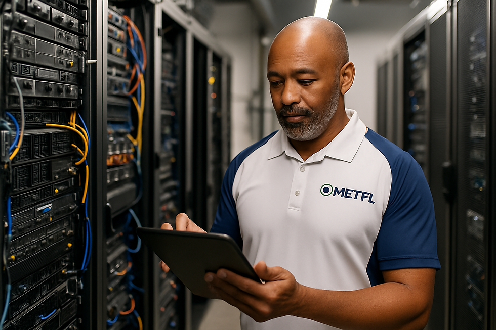 Close-up of a server room with network cabling representing MET Florida’s infrastructure and cybersecurity expertise.