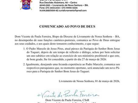 Comunicado de Dom Vicente de Paula Ferreira