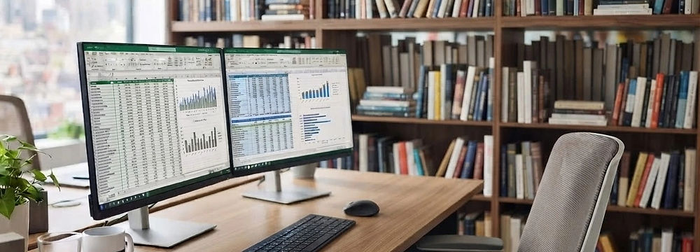 Professional performing data entry on dual monitors