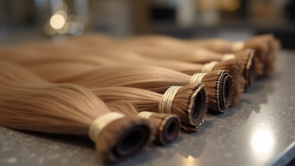 Close-up view of premium hair extensions laid out on a salon counter
