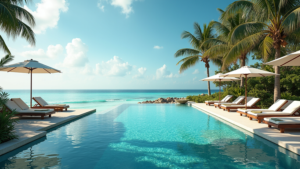 Wide angle view of a luxury resort pool overlooking a tropical beach