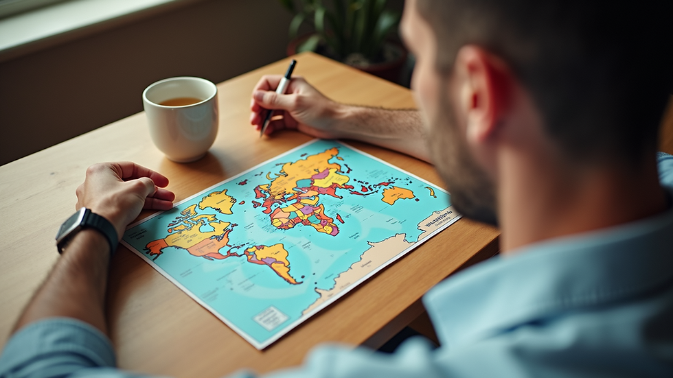 Eye-level view of a traveler checking a world map on a wooden table