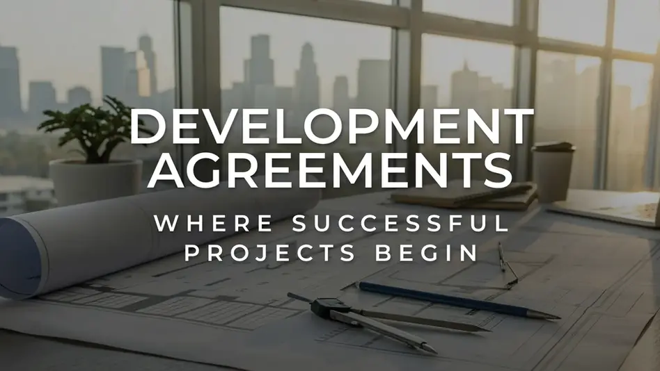 Architectural blueprints and planning tools on a conference table overlooking a city skyline, with the text "Development Agreements: Where Successful Projects Begin," representing municipal planning and land development.