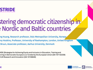 Presentation slide titled Fostering democratic citizenship in the Nordic and Baltic countries, with STRIDE logo and authors