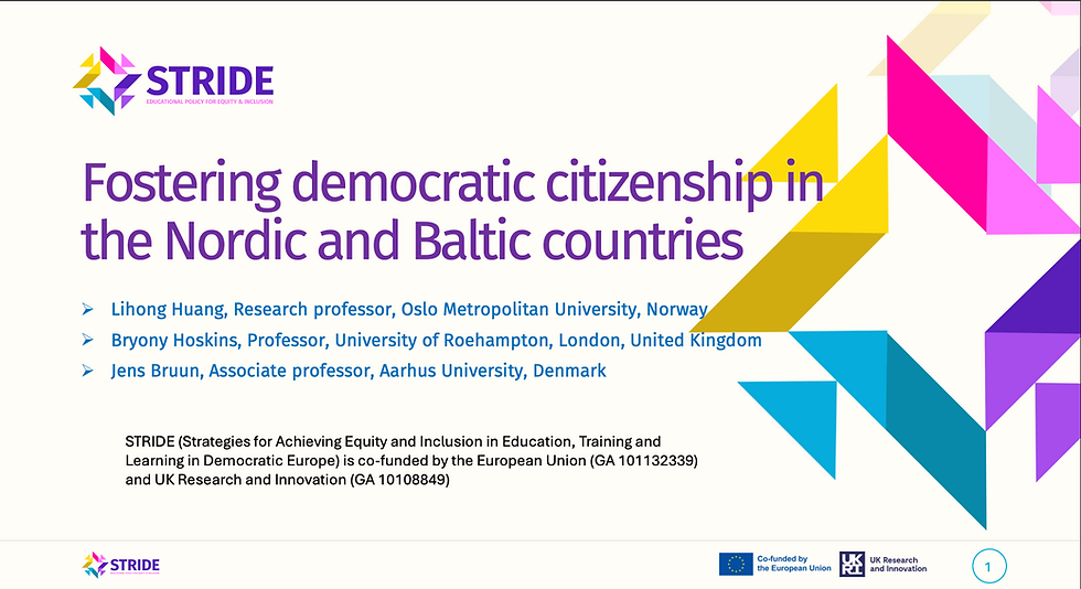 Presentation slide titled Fostering democratic citizenship in the Nordic and Baltic countries, with STRIDE logo and authors